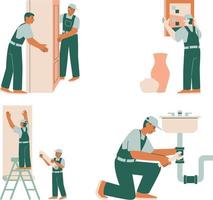 fontanero y reparador trabajando en baño. vector ilustración en plano estilo