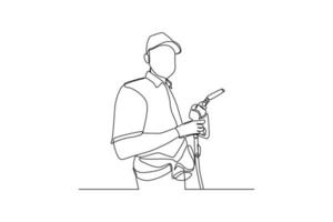 Single one line drawing Gas Station Worker refueling car. Gas station concept. Continuous line draw design graphic vector illustration.