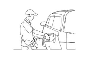Single one line drawing Gas Station Worker refueling car. Gas station concept. Continuous line draw design graphic vector illustration.