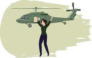 The girl is asking for help from the helicopter. vector