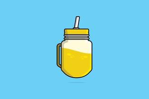 Lemon Juice in Mason Jar Mug with Drinking Straw vector illustration. Food and drink object icon concept. Healthy fitness lemon, sweet raw organic summer shake, diet lifestyle design.