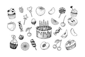 Set of sweets and fruits. Birthday cake and other treats for children. Hand drawn vector illustration in sketch style