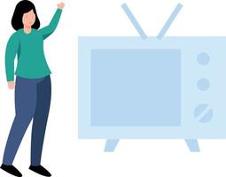 The girl is pointing at the television. vector