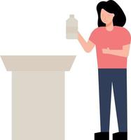 The girl is placing the bottle on the table. vector