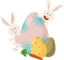 personaje de conejitos. se asoma de huevos, zanahoria. conejos de pascua divertidos y felices. png