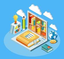 Isometric online education composition with laptop and books. Electronic library and cloud computing concept vector illustration