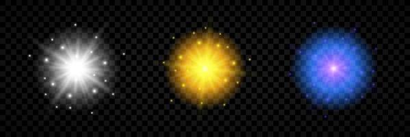 Light effect of lens flares. Set of three white, yellow and blue glowing lights starburst effects with sparkles vector