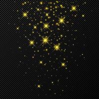 Gold backdrop with stars and dust sparkles isolated on dark background. Celebratory magical Christmas shining light effect. Vector illustration.