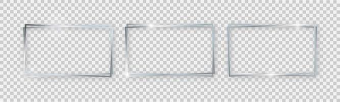 Double rectangular shiny frames with glowing effects. Set of three silver double rectangular frames with shadows vector