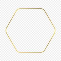 Gold glowing rounded hexagon frame isolated on background. Shiny frame with glowing effects. Vector illustration.