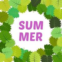 Background with summer leaves with inscription summer in the center. Vector illustration.