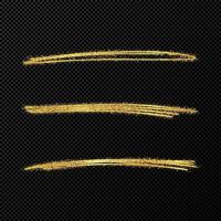 Abstract shiny confetti glittering waves. Set of three hand drawn brush golden strokes on black vector