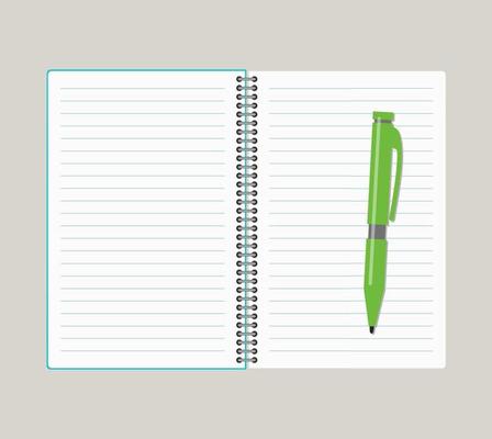 Open notebook with green pen. Vector illustration