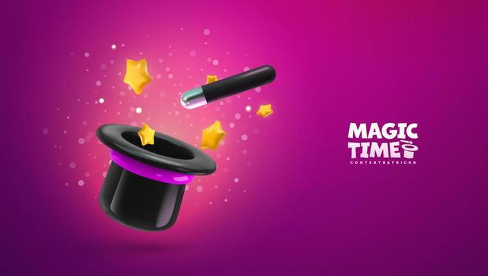 Magic wand and hat with lightning sparkles and stars floating on purple background vector illustration. Wizard tool, magic stick with spell.