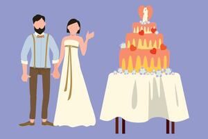 A couple standing with a wedding cake. vector