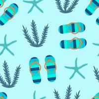 Vector travel seamless pattern Illustration with flip flops, starfish and seaweeds.