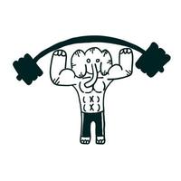 Training elephant with a barbell. Vector illustrations in cartoon flat style isolated on white background.