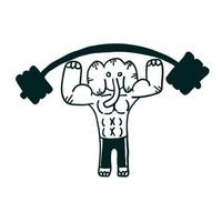 Training elephant with a barbell. Vector illustrations in cartoon flat style isolated on white background.