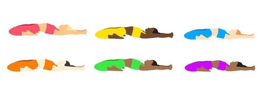 Flexibility yoga poses collection. European, African, Asian female, lady, woman, girl. Pilates, mental health, training, gym. Vector illustration in cartoon flat style isolated on white background.