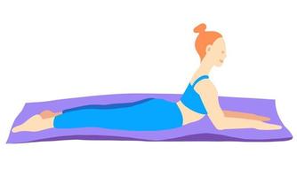 Training in yoga pose of rad hair European girl in blue tracksuit on a purple mat. Pilates, sport, health. Female, lady, woman. Vector illustration in cartoon flat style isolated on white background.