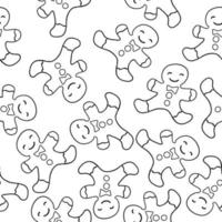 Gingerbread man in outline doodle style. Christmas and New Year cookie. Vector seamless pattern isolated on white background.