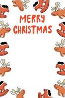 Christmas Card Template with Horse Toy and Deer in cartoon flat style isolated on white background. vector