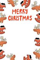 Christmas Card Template with Horse Toy and Deer in cartoon flat style isolated on white background. vector