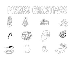 Merry Christmas Set. Vector elements in outline doodle style isolated on white background.