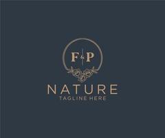 initial FP letters floral frames. Botanical feminine editable premade monoline unique decoration for greeting card, wedding invitation. vector