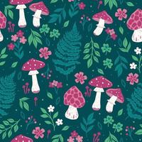 Seamless pattern with mushrooms and flowers. Vector graphics.