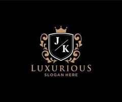 Initial JK Letter Royal Luxury Logo template in vector art for Restaurant, Royalty, Boutique, Cafe, Hotel, Heraldic, Jewelry, Fashion and other vector illustration.