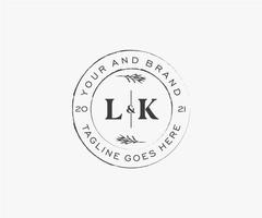 initial LK letters floral frames. Botanical feminine editable premade monoline unique decoration for greeting card, wedding invitation. vector