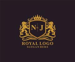 Initial NJ Letter Lion Royal Luxury Logo template in vector art for Restaurant, Royalty, Boutique, Cafe, Hotel, Heraldic, Jewelry, Fashion and other vector illustration.