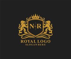 Initial NR Letter Lion Royal Luxury Logo template in vector art for Restaurant, Royalty, Boutique, Cafe, Hotel, Heraldic, Jewelry, Fashion and other vector illustration.
