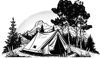. AI Geretative. Vintage Retro camping tent in engraving style. Adventure trip journy motivational poster. Can be used for decoration and inspiration. Graphic Art photo