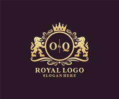 Initial OQ Letter Lion Royal Luxury Logo template in vector art for Restaurant, Royalty, Boutique, Cafe, Hotel, Heraldic, Jewelry, Fashion and other vector illustration.