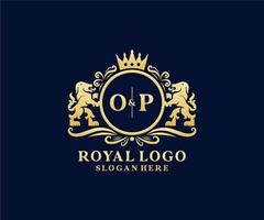 Initial OP Letter Lion Royal Luxury Logo template in vector art for Restaurant, Royalty, Boutique, Cafe, Hotel, Heraldic, Jewelry, Fashion and other vector illustration.