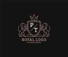 Initial PT Letter Lion Royal Luxury Logo template in vector art for Restaurant, Royalty, Boutique, Cafe, Hotel, Heraldic, Jewelry, Fashion and other vector illustration.