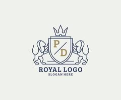 Initial PD Letter Lion Royal Luxury Logo template in vector art for Restaurant, Royalty, Boutique, Cafe, Hotel, Heraldic, Jewelry, Fashion and other vector illustration.