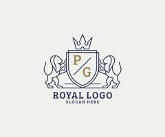 Initial PG Letter Lion Royal Luxury Logo template in vector art for Restaurant, Royalty, Boutique, Cafe, Hotel, Heraldic, Jewelry, Fashion and other vector illustration.