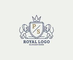 Initial PS Letter Lion Royal Luxury Logo template in vector art for Restaurant, Royalty, Boutique, Cafe, Hotel, Heraldic, Jewelry, Fashion and other vector illustration.