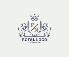 Initial PN Letter Lion Royal Luxury Logo template in vector art for Restaurant, Royalty, Boutique, Cafe, Hotel, Heraldic, Jewelry, Fashion and other vector illustration.