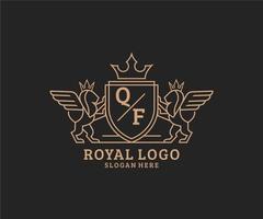 Initial QF Letter Lion Royal Luxury Heraldic,Crest Logo template in vector art for Restaurant, Royalty, Boutique, Cafe, Hotel, Heraldic, Jewelry, Fashion and other vector illustration.