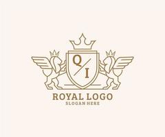 Initial QI Letter Lion Royal Luxury Heraldic,Crest Logo template in vector art for Restaurant, Royalty, Boutique, Cafe, Hotel, Heraldic, Jewelry, Fashion and other vector illustration.