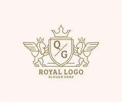 Initial QG Letter Lion Royal Luxury Heraldic,Crest Logo template in vector art for Restaurant, Royalty, Boutique, Cafe, Hotel, Heraldic, Jewelry, Fashion and other vector illustration.