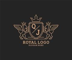 Initial QJ Letter Lion Royal Luxury Heraldic,Crest Logo template in vector art for Restaurant, Royalty, Boutique, Cafe, Hotel, Heraldic, Jewelry, Fashion and other vector illustration.