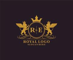 Initial RE Letter Lion Royal Luxury Heraldic,Crest Logo template in vector art for Restaurant, Royalty, Boutique, Cafe, Hotel, Heraldic, Jewelry, Fashion and other vector illustration.