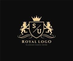 Initial SU Letter Lion Royal Luxury Heraldic,Crest Logo template in vector art for Restaurant, Royalty, Boutique, Cafe, Hotel, Heraldic, Jewelry, Fashion and other vector illustration.