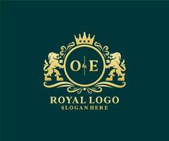 Initial OE Letter Lion Royal Luxury Logo template in vector art for Restaurant, Royalty, Boutique, Cafe, Hotel, Heraldic, Jewelry, Fashion and other vector illustration.