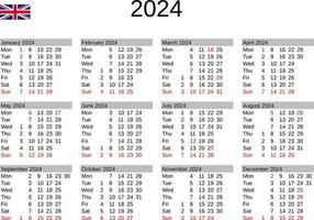 año 2024 calendario en Inglés con unido Reino Días festivos vector